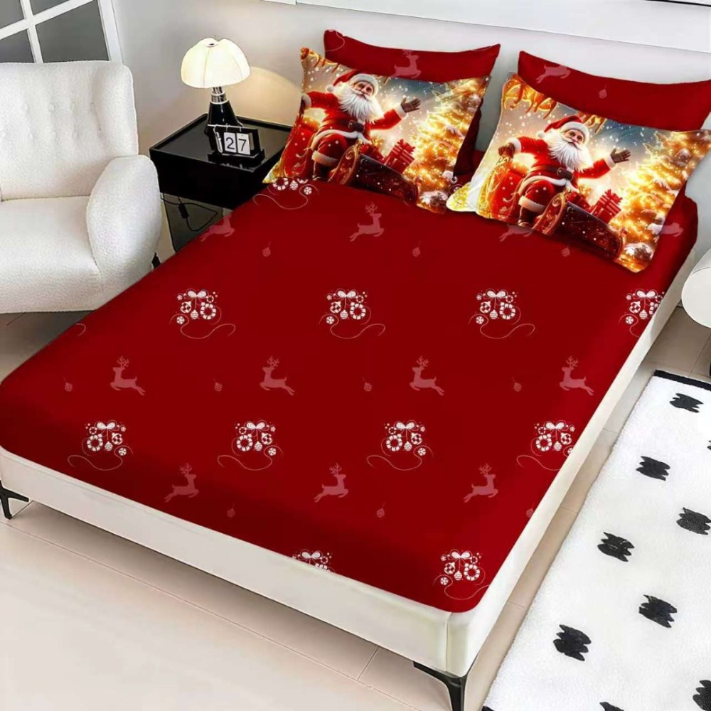 Lenjerie pat dublu, FINET, Digital Print, Craciun, Rosu, Galben, Sania cu Mos Craciun – imagine 2