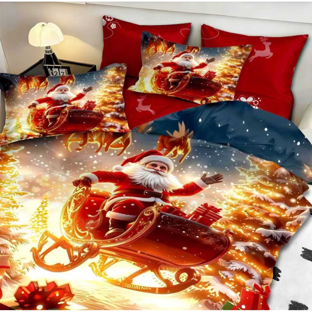 Lenjerie pat dublu, FINET, Digital Print, Craciun, Rosu, Galben, Sania cu Mos Craciun – imagine 3
