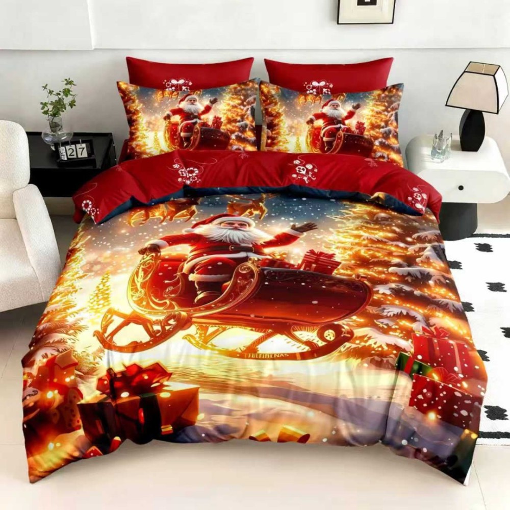 Lenjerie pat dublu, FINET, Digital Print, Craciun, Rosu, Galben, Sania cu Mos Craciun – imagine 4
