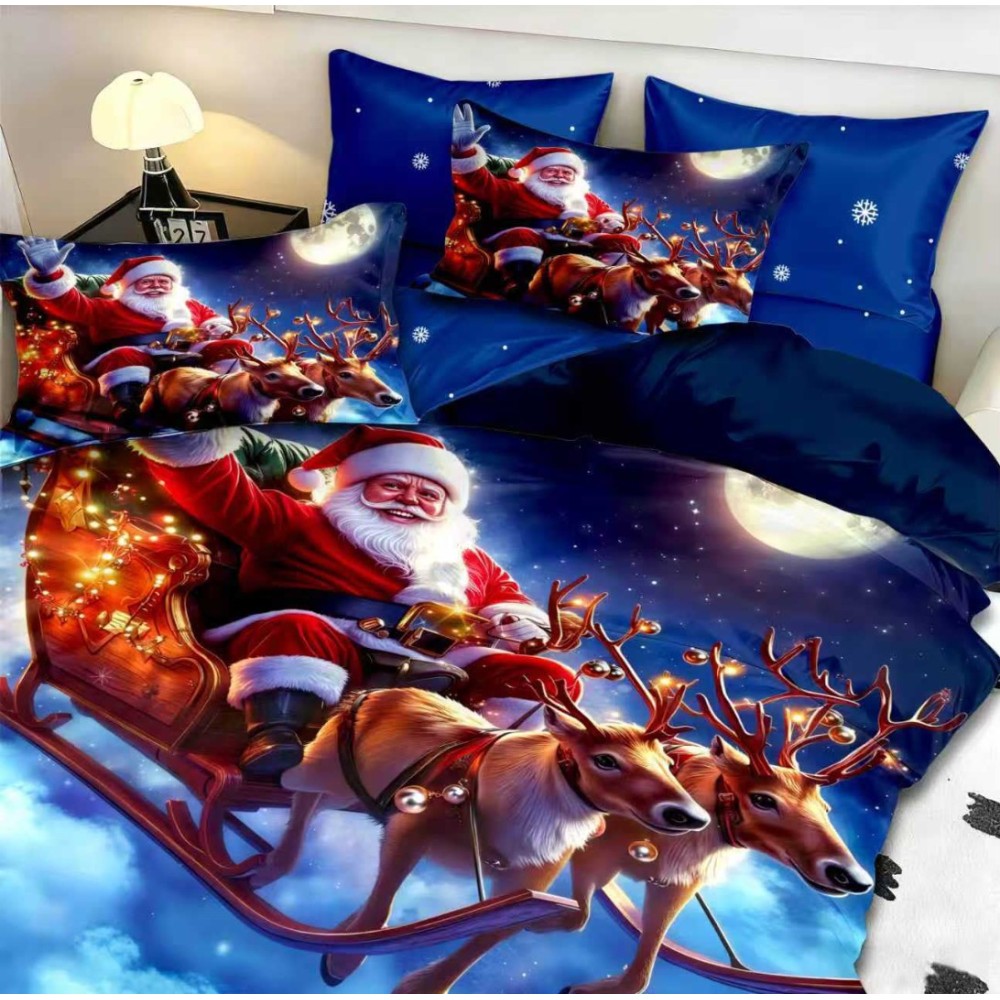 Lenjerie pat dublu, FINET, Digital Print, Craciun, Albastru, Mos Craciun in sanie — imaginea 3