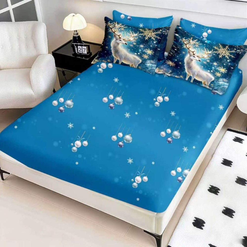 Lenjerie pat dublu, FINET, Digital Print, Craciun, Albastru, renul regal – imagine 2