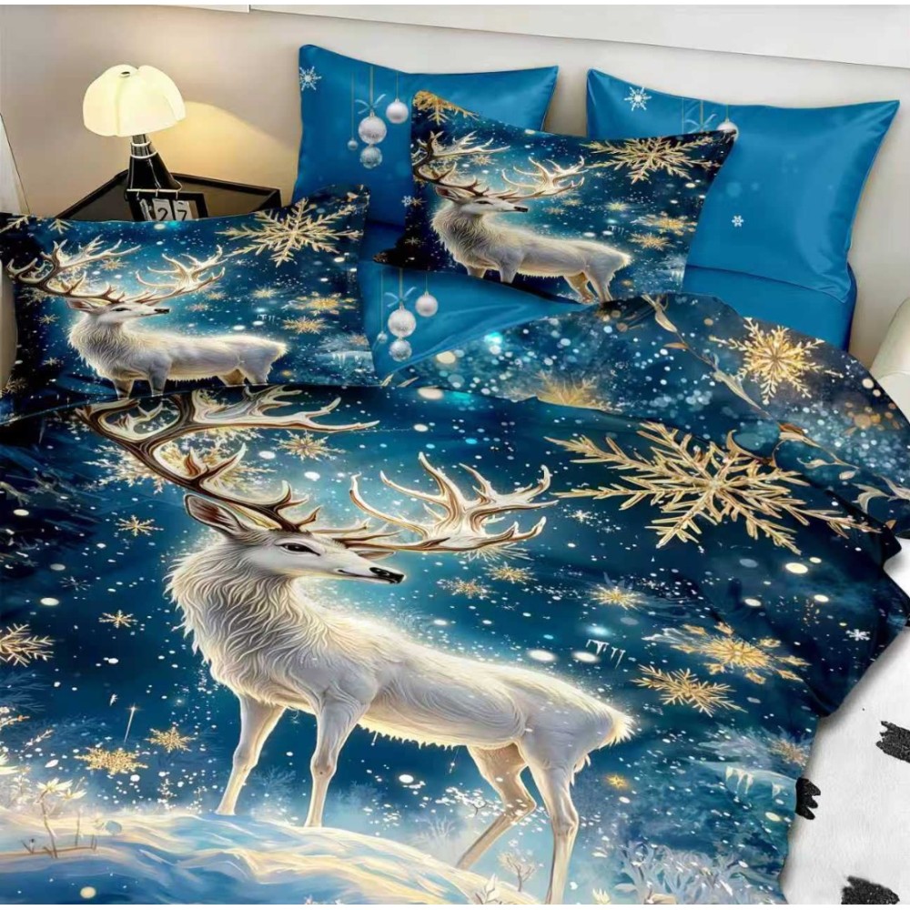 Lenjerie pat dublu, FINET, Digital Print, Craciun, Albastru, renul regal – imagine 3