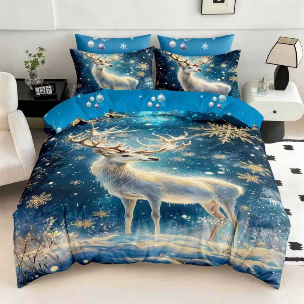 Lenjerie pat dublu, FINET, Digital Print, Craciun, Albastru, renul regal – imagine 4