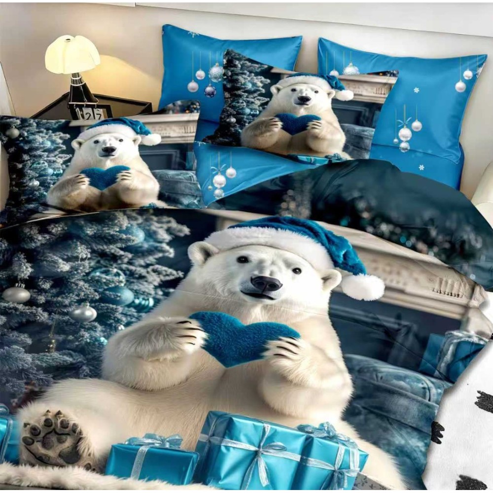 Lenjerie pat dublu, FINET, Digital Print, Craciun, Albastru, Ursul Polar — imaginea 3