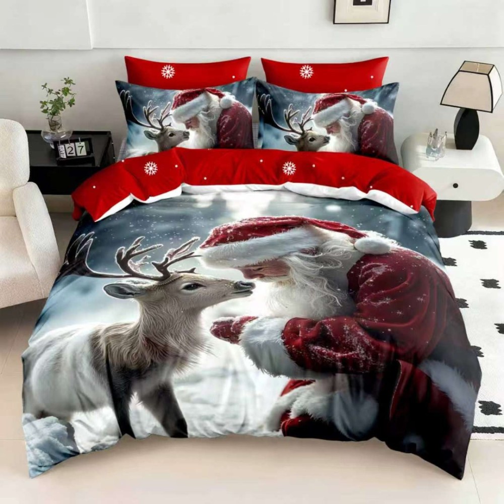 Lenjerie pat dublu, FINET, Digital Print, Craciun, Rosu, Gri, Mos Craciun si renul — imaginea 3