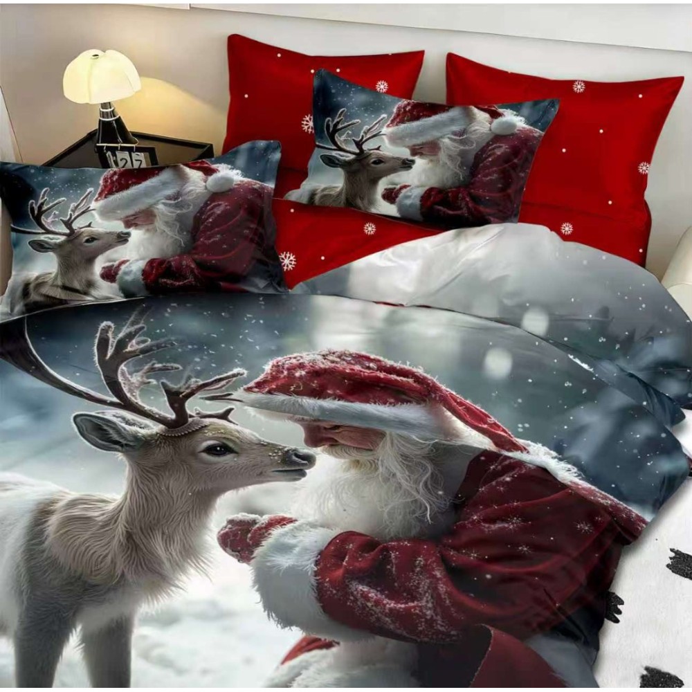 Lenjerie pat dublu, FINET, Digital Print, Craciun, Rosu, Gri, Mos Craciun si renul — imaginea 4