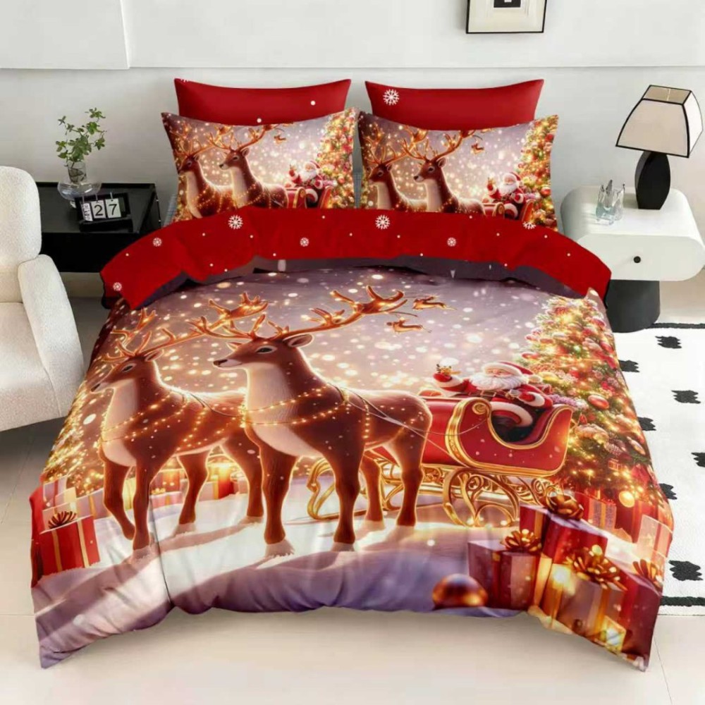 Lenjerie pat dublu, FINET, Digital Print, Craciun, Rosu, Auriu, Mos Craciun in sanie — imaginea 4