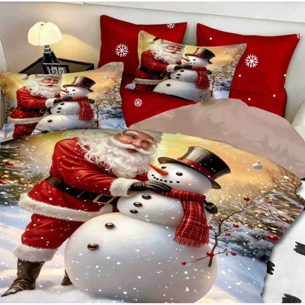 Lenjerie pat dublu, FINET, Digital Print, Craciun, Rosu, Mos Craciun si omul de zapada — imaginea 3