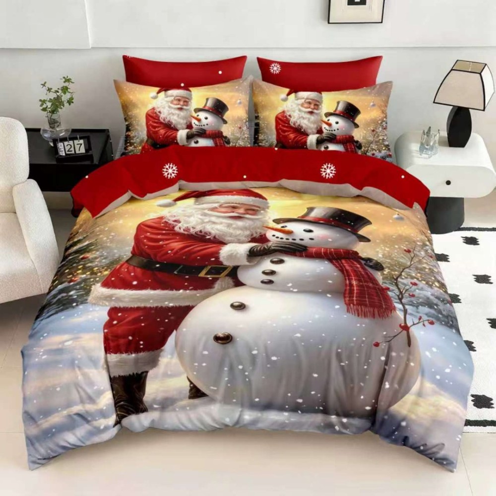 Lenjerie pat dublu, FINET, Digital Print, Craciun, Rosu, Mos Craciun si omul de zapada — imaginea 4