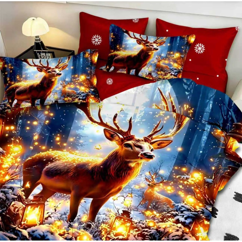 Lenjerie pat dublu, FINET, Digital Print, Craciun, Rosu, Albastru, renul regal — imaginea 3