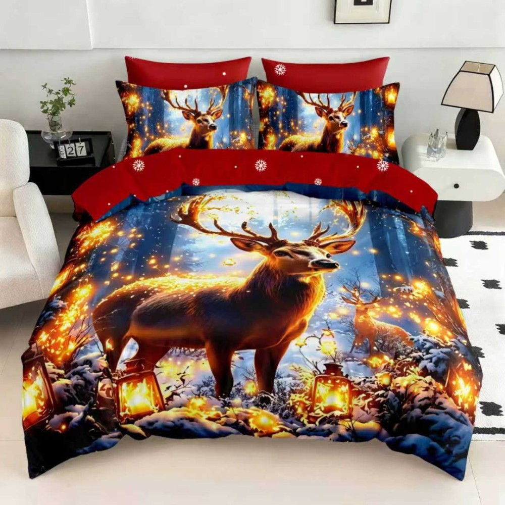 Lenjerie pat dublu, FINET, Digital Print, Craciun, Rosu, Albastru, renul regal — imaginea 4