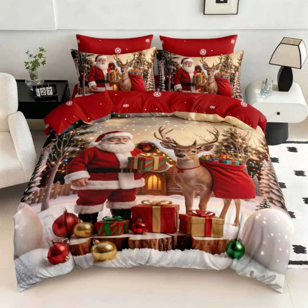 Lenjerie pat dublu, FINET, Digital Print, Craciun, Rosu, Bej, Mos Craciun si Renii — imaginea 4