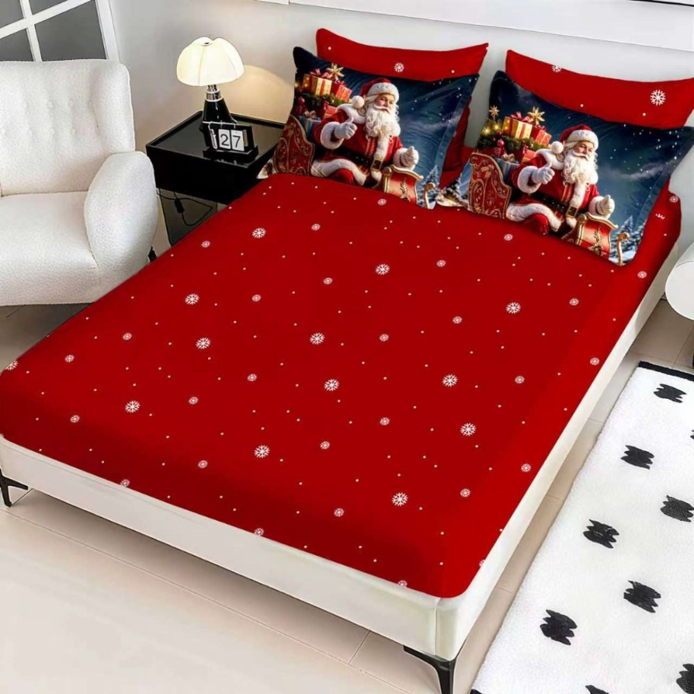 Lenjerie pat dublu, FINET, Digital Print, Craciun, Rosu, Bleumarin, Mos Craciun in sania cu cadouri — imaginea 2