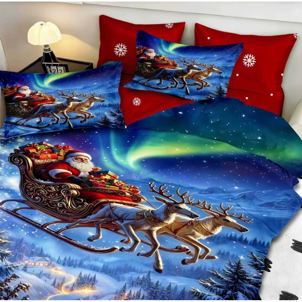 Lenjerie pat dublu, FINET, Digital Print, Craciun, Rosu, Albastru, Mos Craciun si Aurora Boreala — imaginea 3