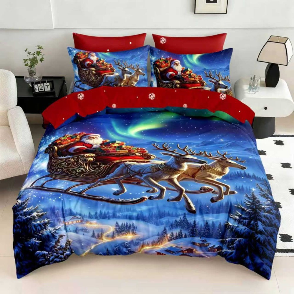 Lenjerie pat dublu, FINET, Digital Print, Craciun, Rosu, Albastru, Mos Craciun si Aurora Boreala — imaginea 4