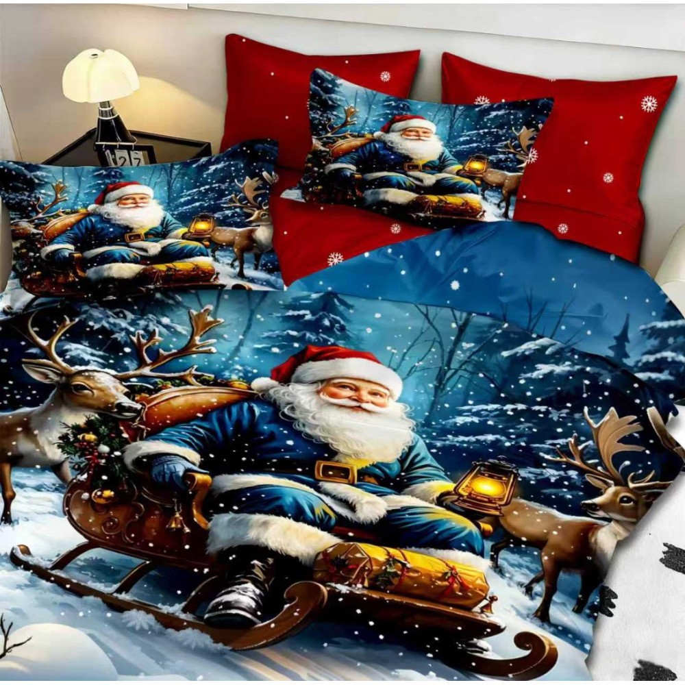 Lenjerie pat dublu, FINET, Digital Print, Craciun, Rosu, Albastru, Mos Craciun in padure — imaginea 3
