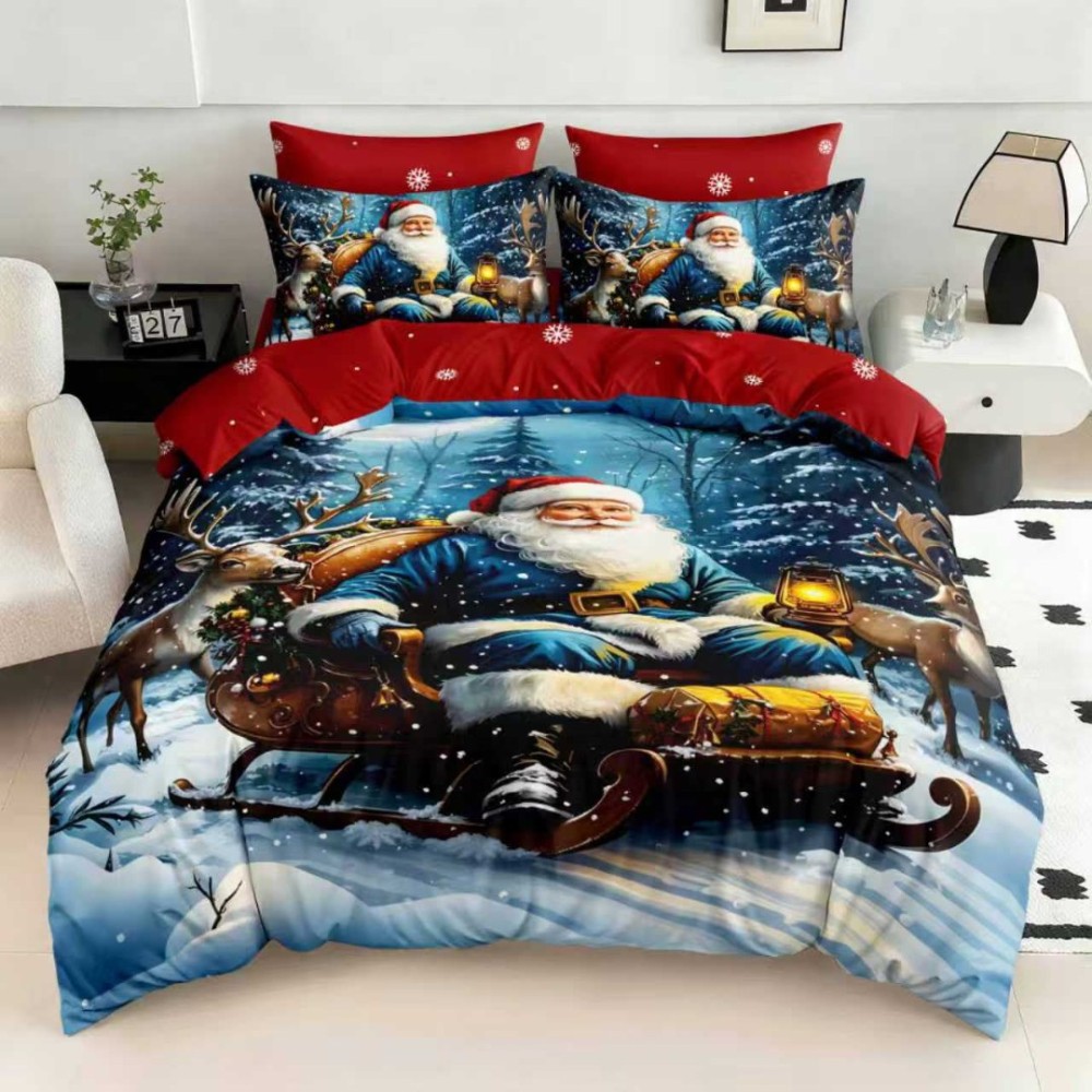 Lenjerie pat dublu, FINET, Digital Print, Craciun, Rosu, Albastru, Mos Craciun in padure — imaginea 4