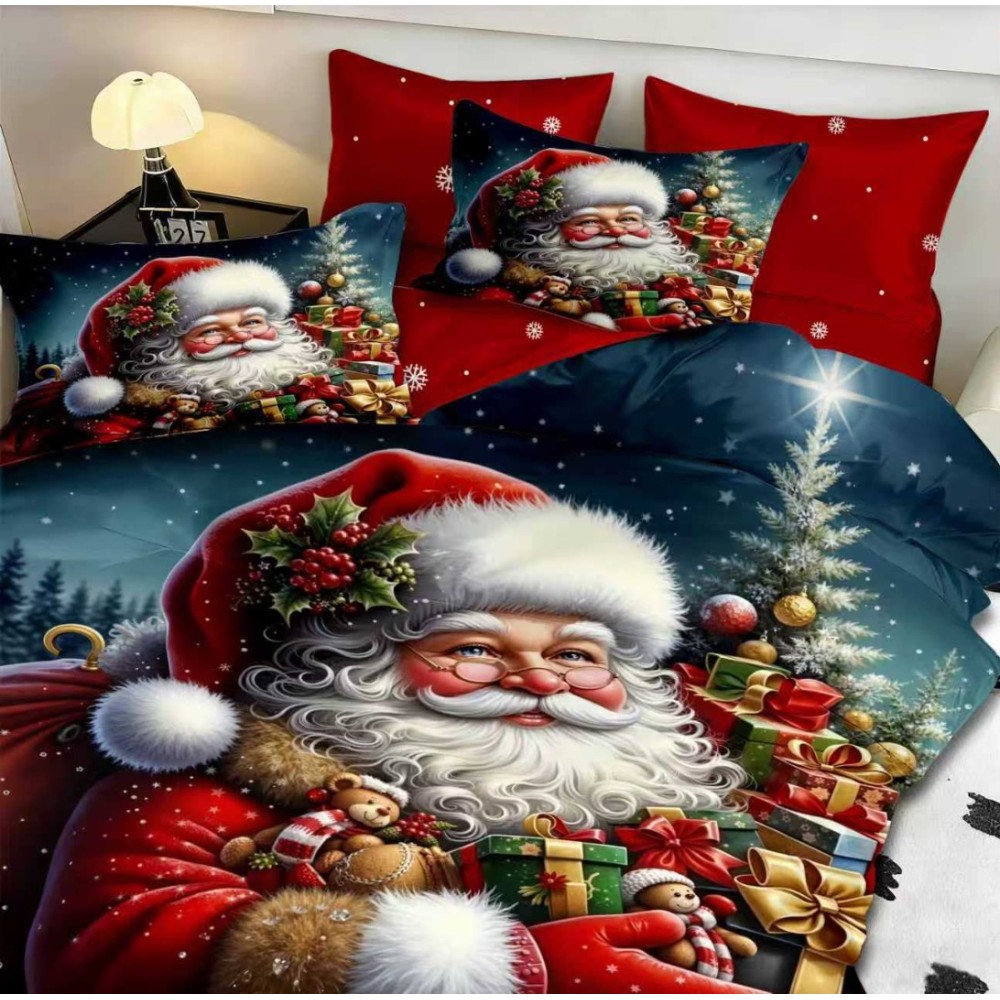 Lenjerie pat dublu, FINET, Digital Print, Craciun, Rosu, Albastru, Mos Craciun clasic — imaginea 3