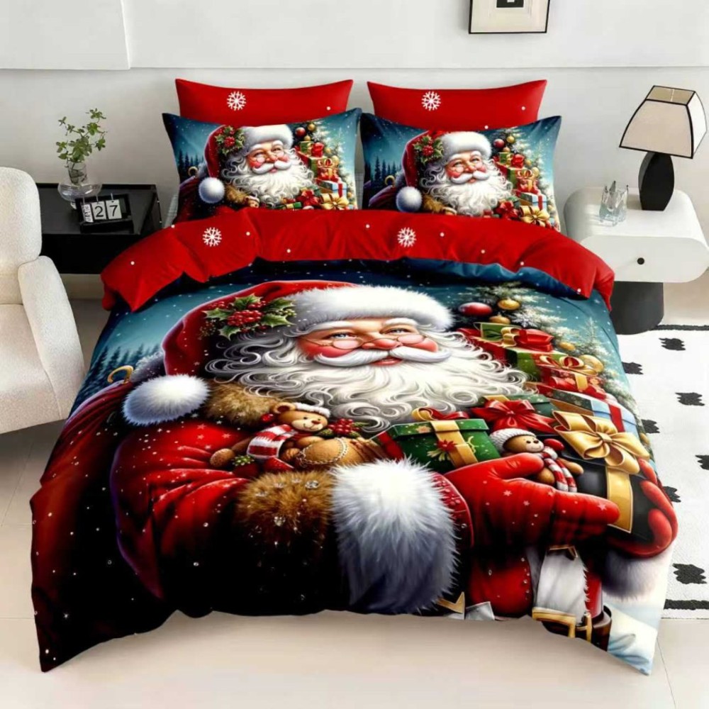 Lenjerie pat dublu, FINET, Digital Print, Craciun, Rosu, Albastru, Mos Craciun clasic — imaginea 4