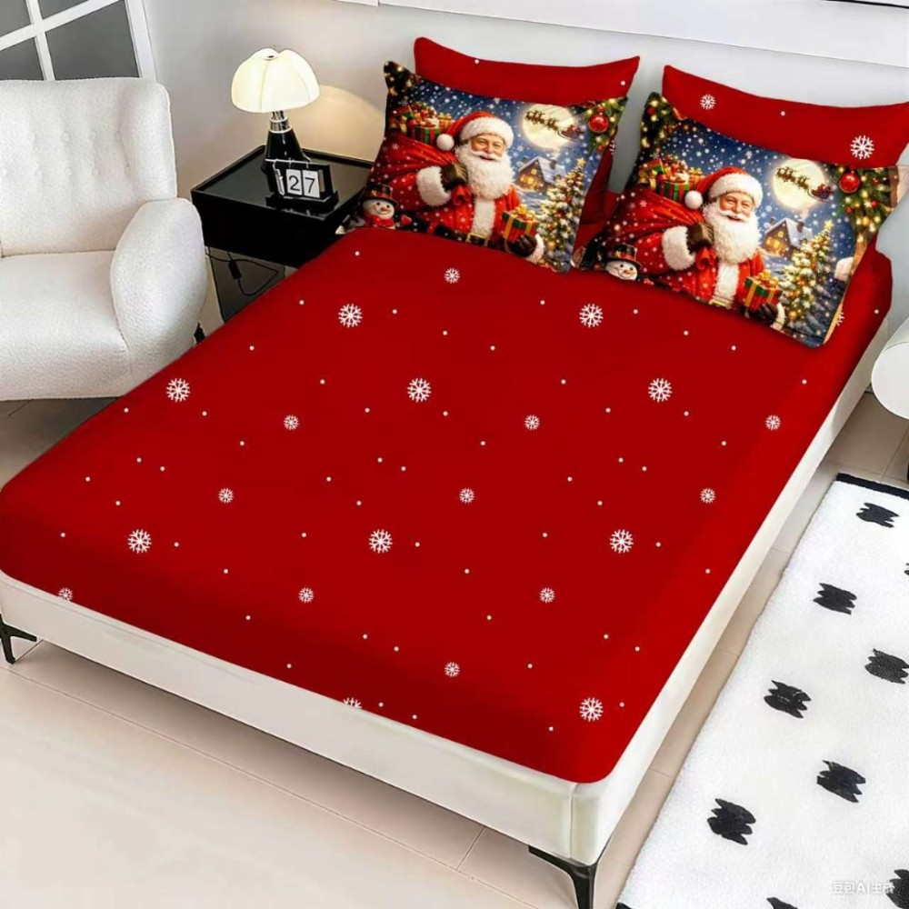 Lenjerie pat dublu, FINET, Digital Print, Craciun, Rosu, Albastru, Mos Craciun elegant — imaginea 2