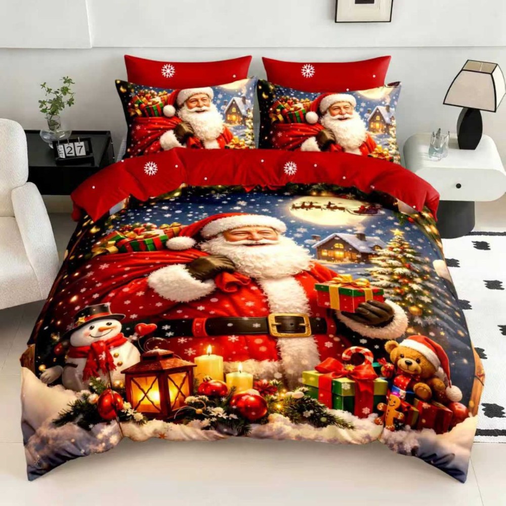Lenjerie pat dublu, FINET, Digital Print, Craciun, Rosu, Albastru, Mos Craciun elegant — imaginea 4