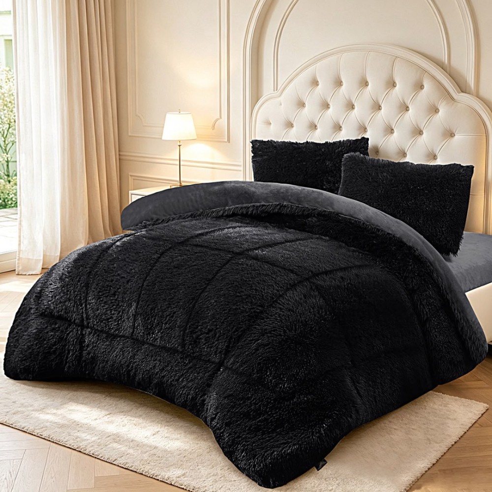 Pilota Cocolino Fluffy, 200x230cm si 2 fete de perna 50x70cm, Negru — imaginea 2