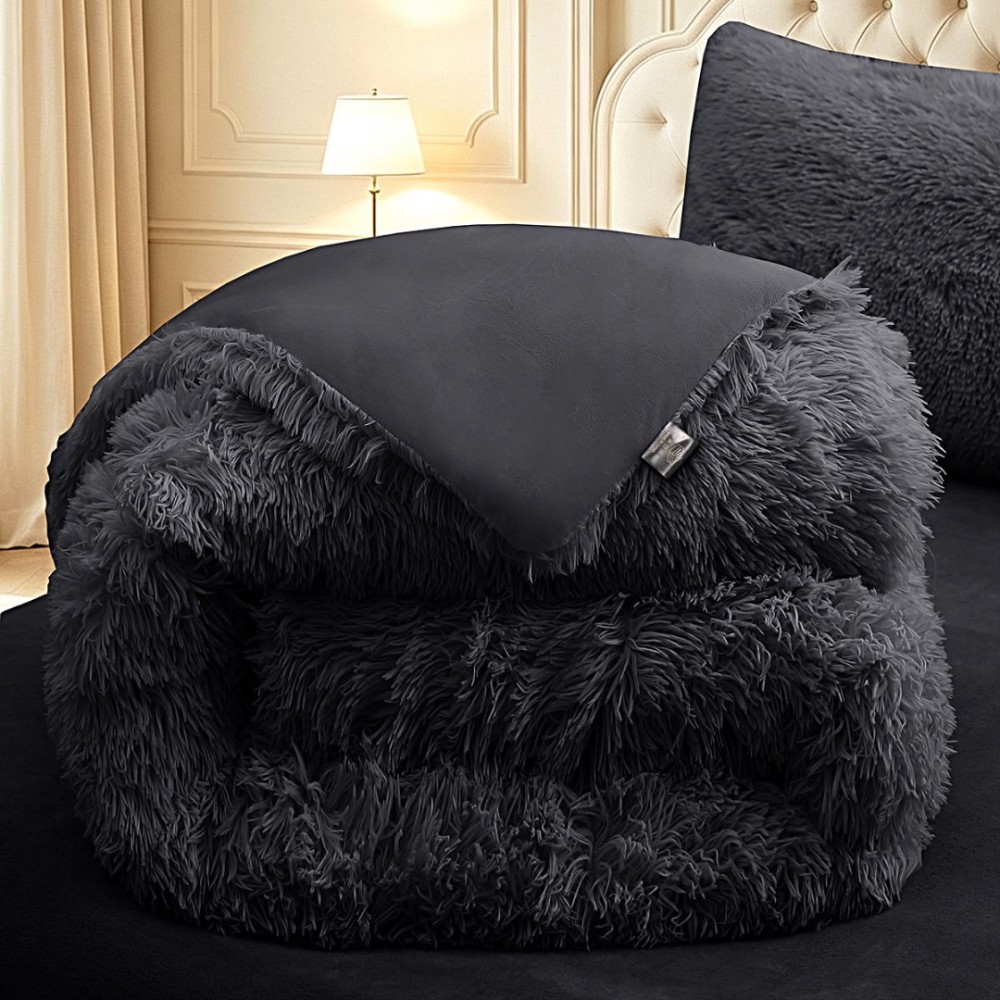 Pilota Cocolino Fluffy, 200x230cm si 2 fete de perna 50x70cm, Negru — imaginea 3