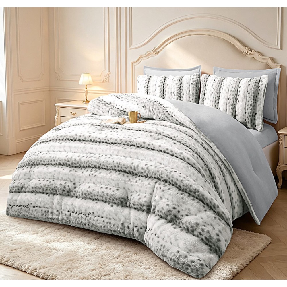 Lenjerie de pat cu Pilota Inclusa, Cearceaf cu Elastic, 6 Piese, Blana de Iepure Artificiala si Catifea, Animal Print, Alb cu Gri deschis — imaginea 3