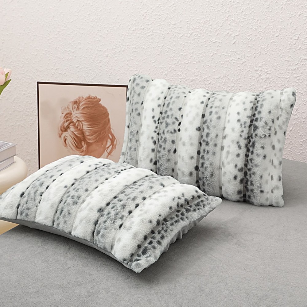 Lenjerie de pat cu Pilota Inclusa, Cearceaf cu Elastic, 6 Piese, Blana de Iepure Artificiala si Catifea, Animal Print, Alb cu Gri deschis — imaginea 8