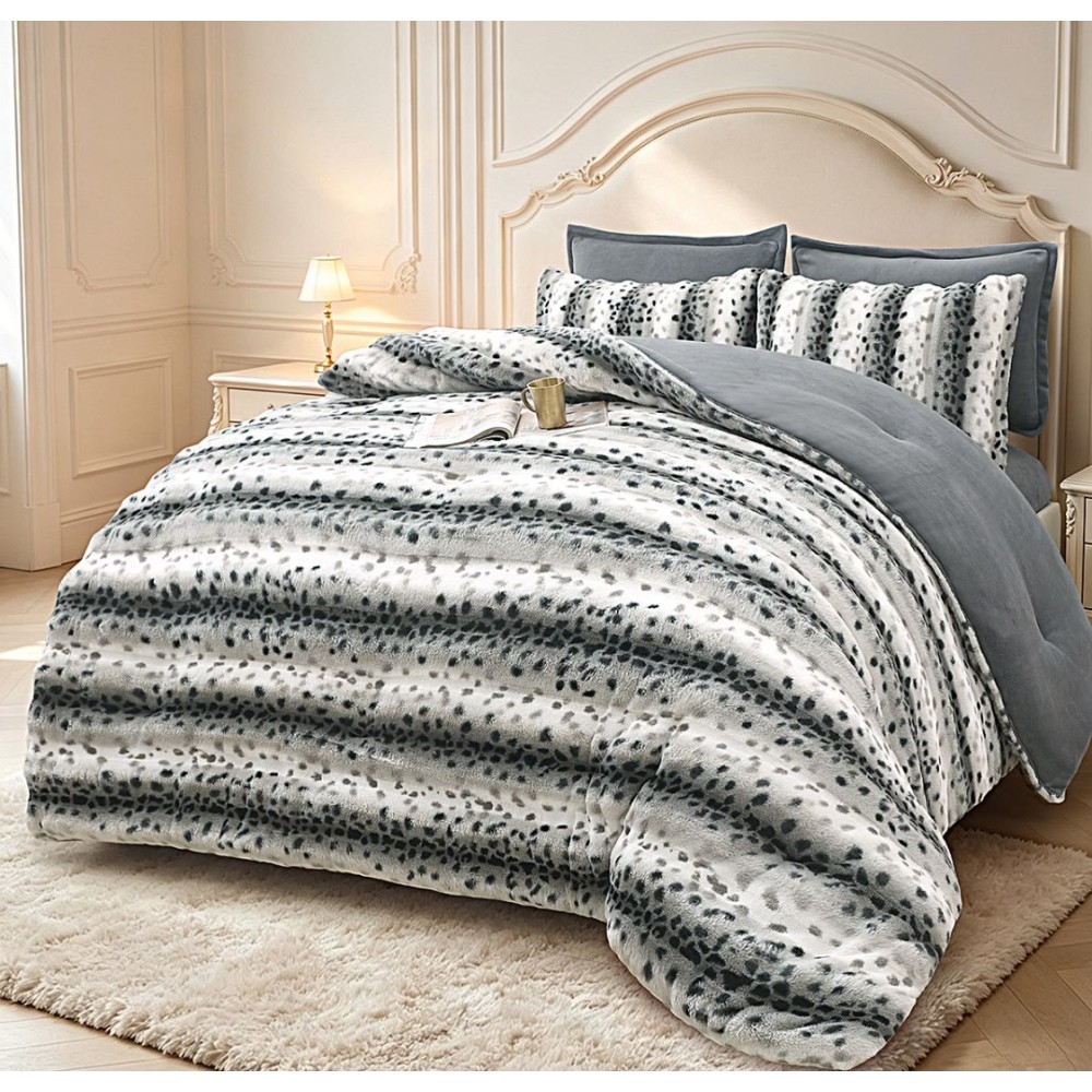 Lenjerie de pat cu Pilota Inclusa, Cearceaf cu Elastic, 6 Piese, Blana de Iepure Artificiala si Catifea, Animal Print, Alb cu Gri inchis – imagine 3
