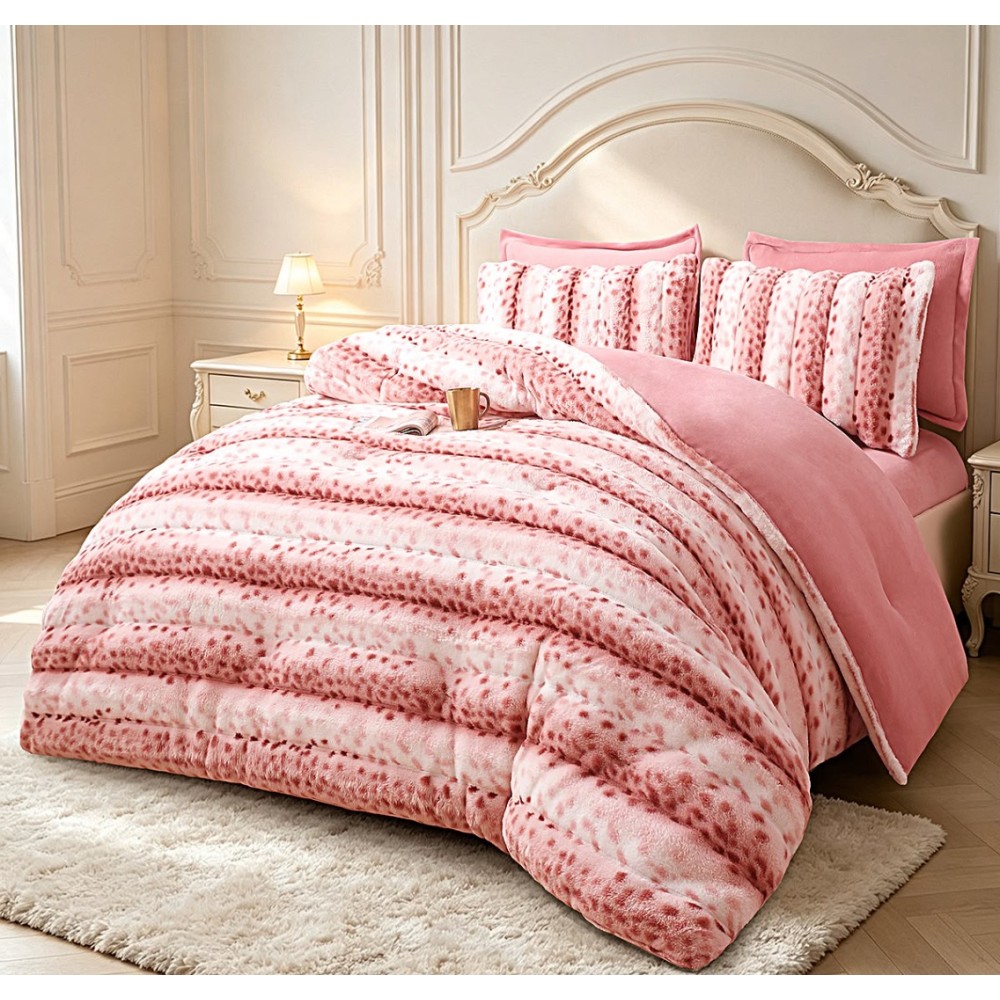 Lenjerie de pat cu Pilota Inclusa, Cearceaf cu Elastic, 6 Piese, Blana de Iepure Artificiala si Catifea, Animal Print, Alb cu Roz – imagine 3