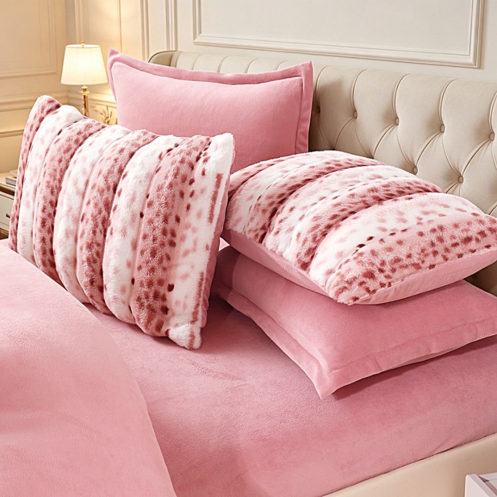 Lenjerie de pat cu Pilota Inclusa, Cearceaf cu Elastic, 6 Piese, Blana de Iepure Artificiala si Catifea, Animal Print, Alb cu Roz – imagine 6