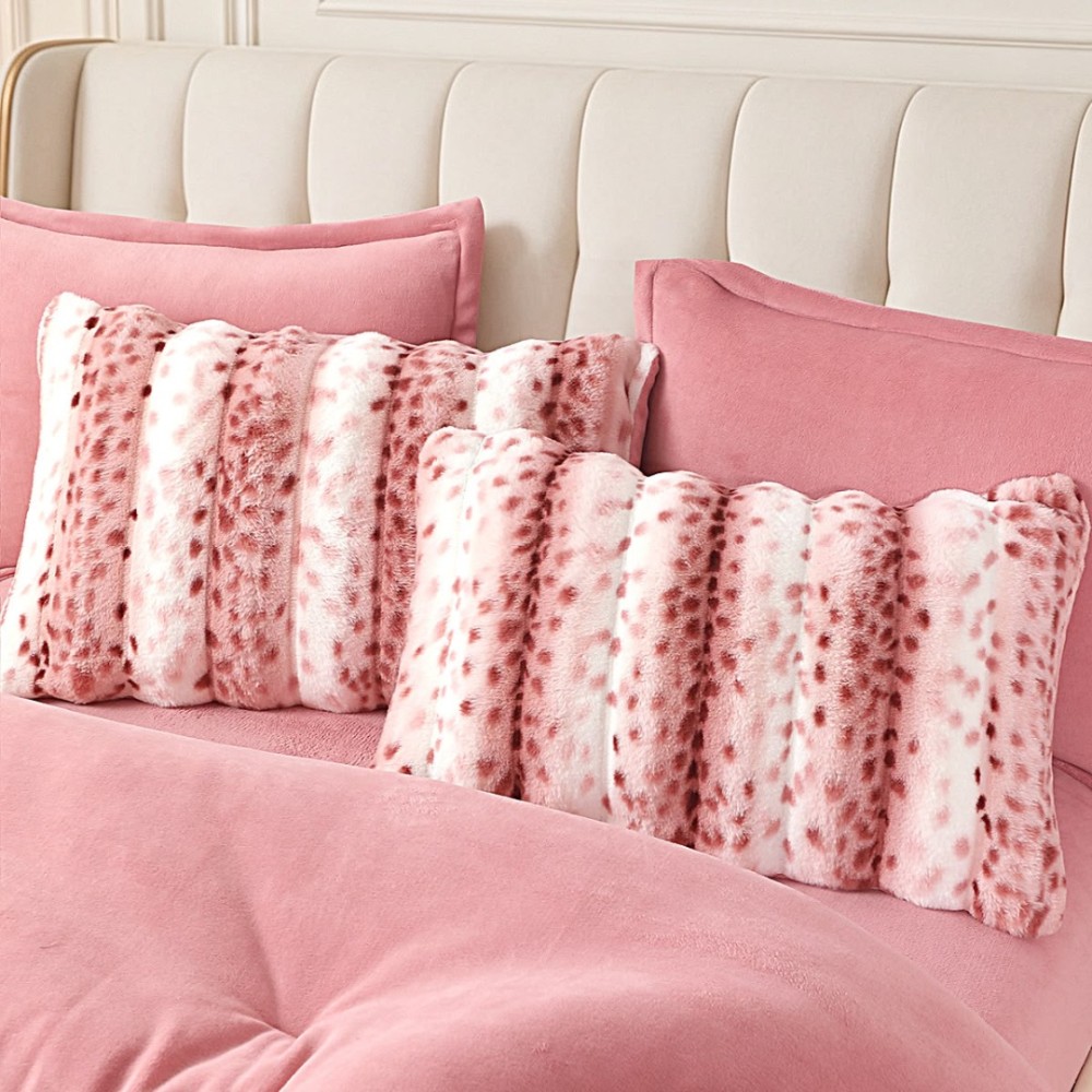 Lenjerie de pat cu Pilota Inclusa, Cearceaf cu Elastic, 6 Piese, Blana de Iepure Artificiala si Catifea, Animal Print, Alb cu Roz – imagine 7