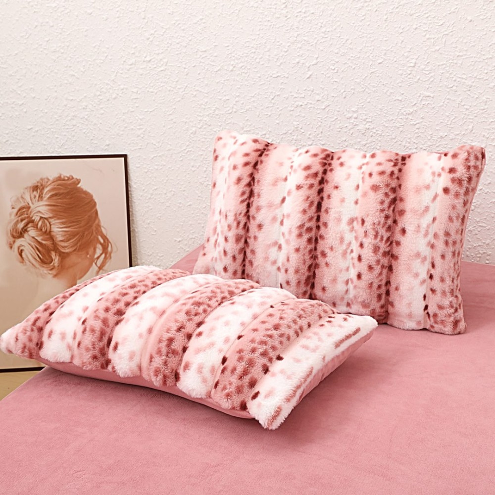 Lenjerie de pat cu Pilota Inclusa, Cearceaf cu Elastic, 6 Piese, Blana de Iepure Artificiala si Catifea, Animal Print, Alb cu Roz – imagine 8