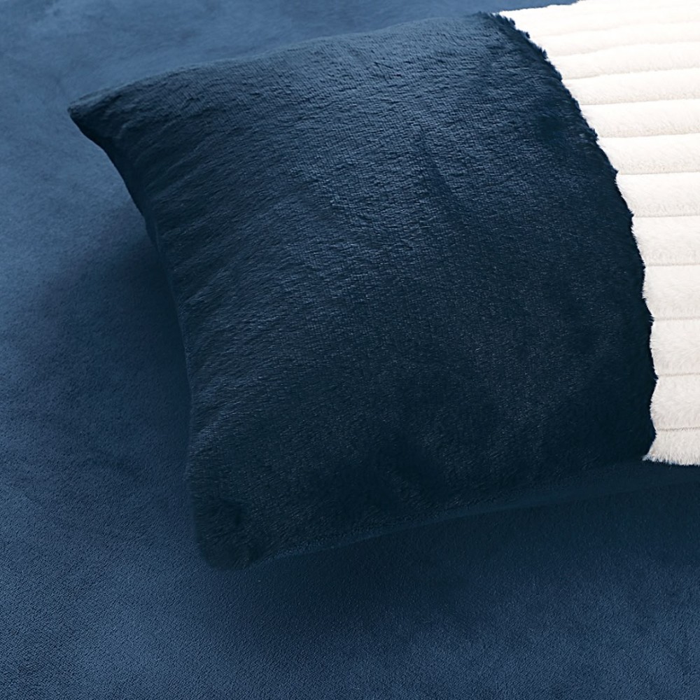 Lenjerie de pat cu Pilota Inclusa, Cearceaf cu Elastic, 6 Piese, Blana de Iepure Artificiala si Catifea, Alb cu Bleumarin — imaginea 6
