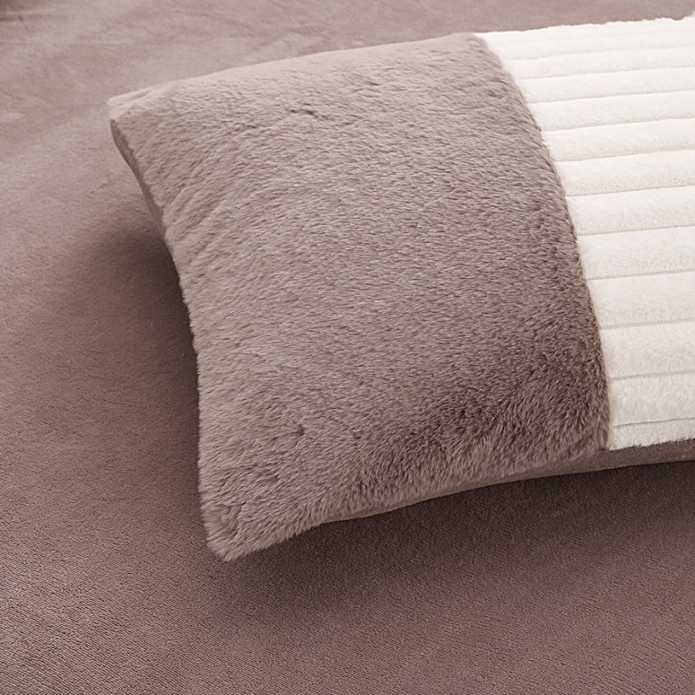 Lenjerie de pat cu Pilota Inclusa, Cearceaf cu Elastic, 6 Piese, Blana de Iepure Artificiala si Catifea, Alb cu Cappuccino — imaginea 6