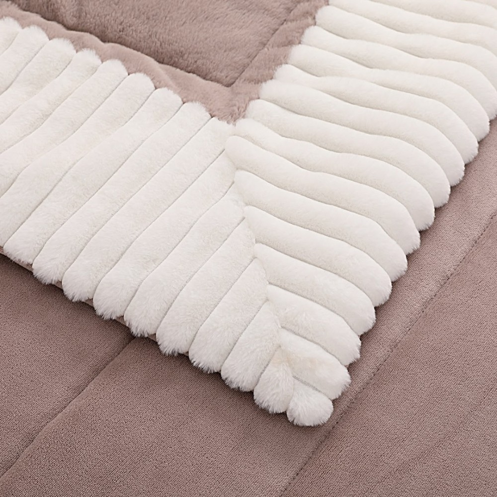 Lenjerie de pat cu Pilota Inclusa, Cearceaf cu Elastic, 6 Piese, Blana de Iepure Artificiala si Catifea, Alb cu Cappuccino — imaginea 8