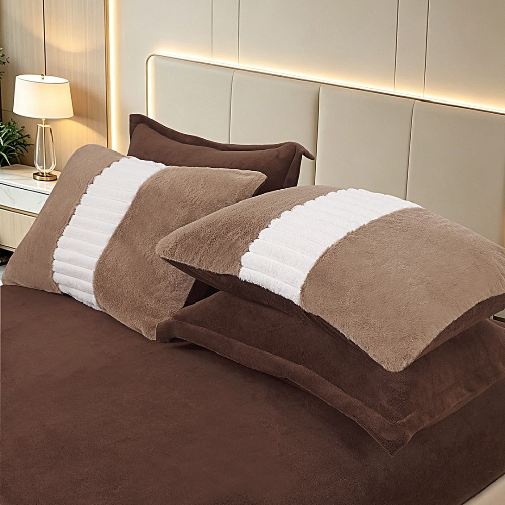 Lenjerie de pat cu Pilota Inclusa, Cearceaf cu Elastic, 6 Piese, Blana de Iepure Artificiala si Catifea, Alb cu Maro – imagine 4