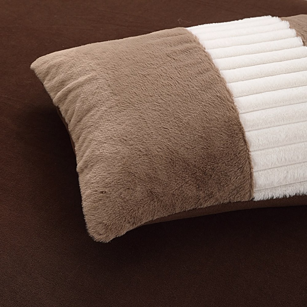 Lenjerie de pat cu Pilota Inclusa, Cearceaf cu Elastic, 6 Piese, Blana de Iepure Artificiala si Catifea, Alb cu Maro – imagine 6