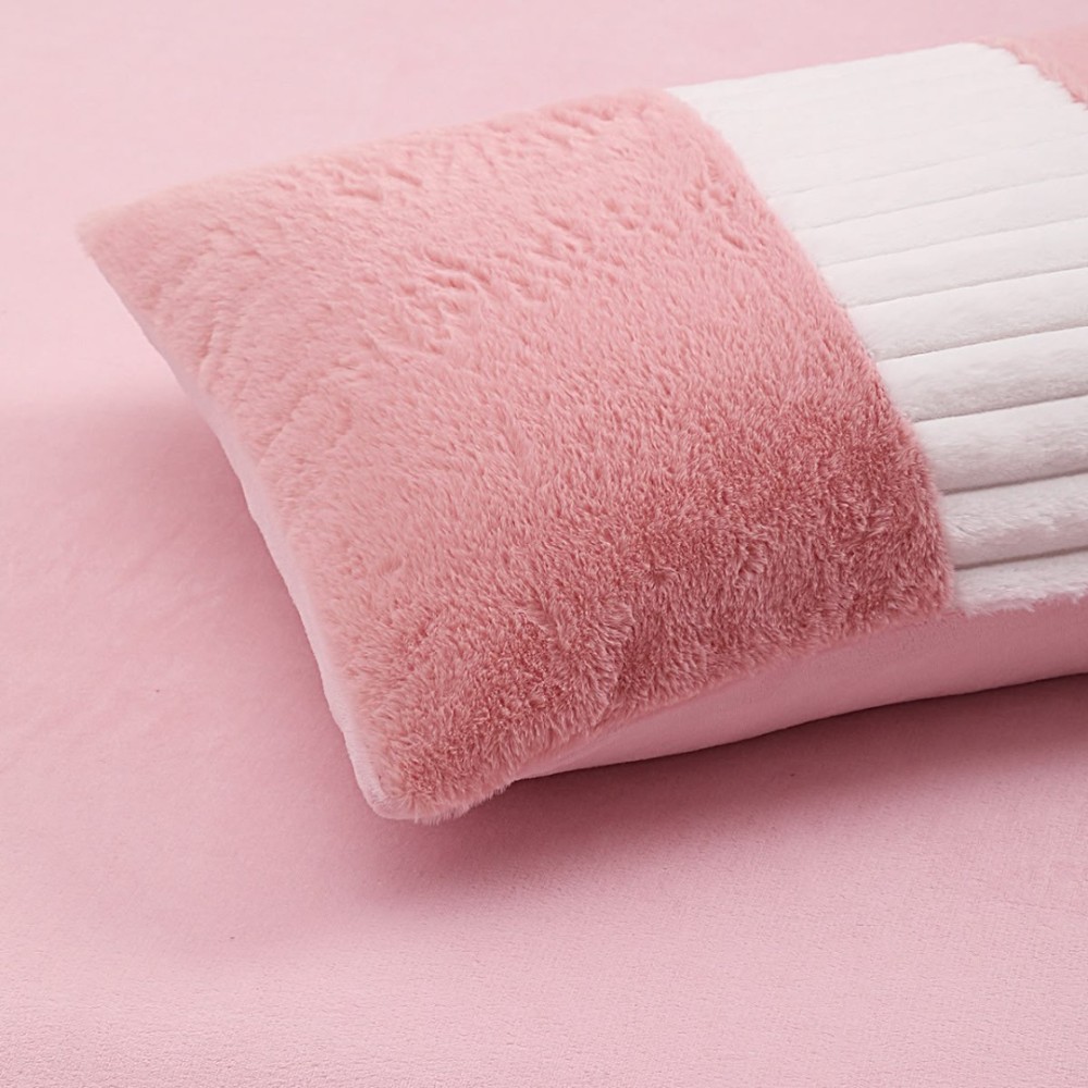 Lenjerie de pat cu Pilota Inclusa, Cearceaf cu Elastic, 6 Piese, Blana de Iepure Artificiala si Catifea, Alb cu Roz — imaginea 6