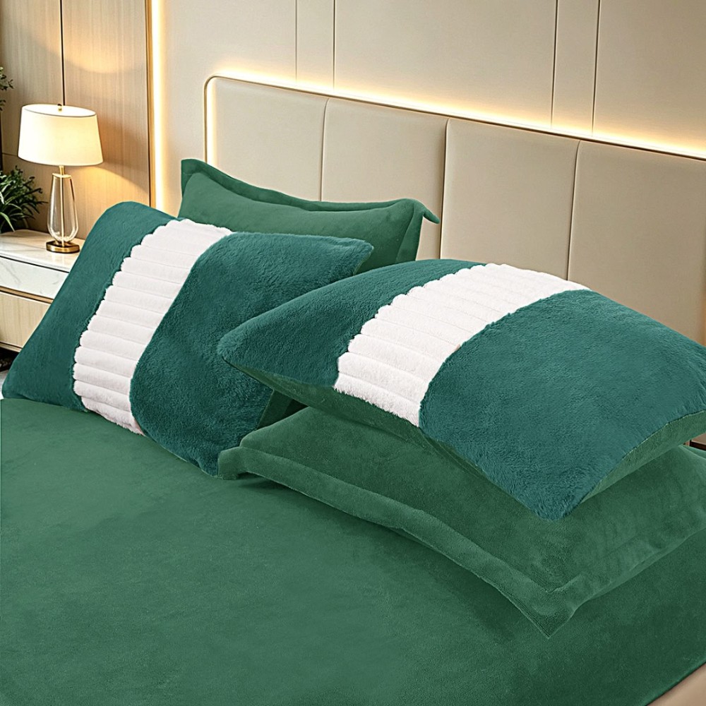 Lenjerie de pat cu Pilota Inclusa, Cearceaf cu Elastic, 6 Piese, Blana de Iepure Artificiala si Catifea, Alb cu Verde — imaginea 4