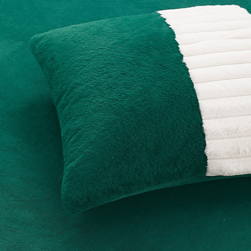 Lenjerie de pat cu Pilota Inclusa, Cearceaf cu Elastic, 6 Piese, Blana de Iepure Artificiala si Catifea, Alb cu Verde — imaginea 6
