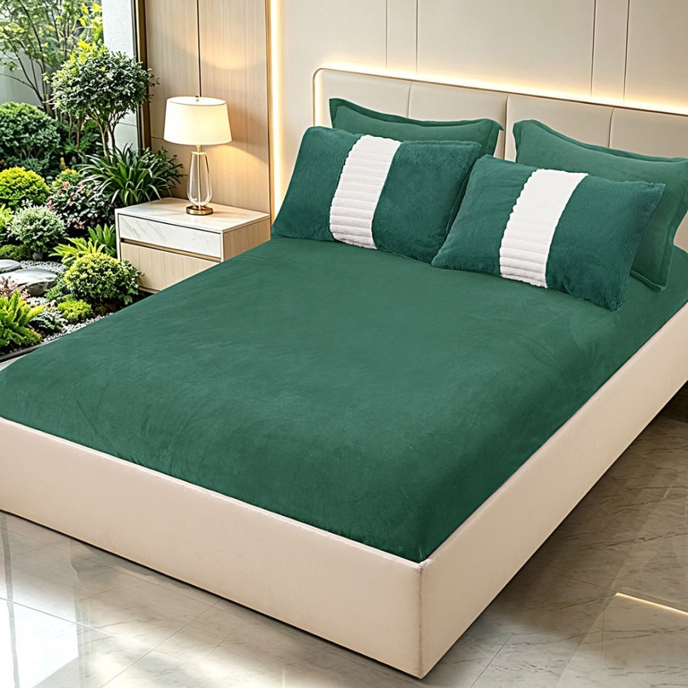 Lenjerie de pat cu Pilota Inclusa, Cearceaf cu Elastic, 6 Piese, Blana de Iepure Artificiala si Catifea, Alb cu Verde — imaginea 7