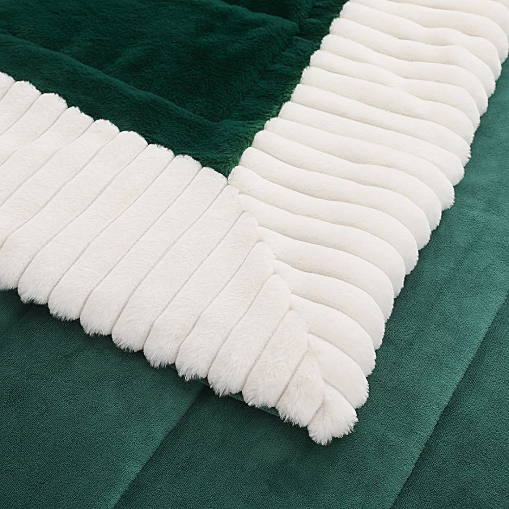 Lenjerie de pat cu Pilota Inclusa, Cearceaf cu Elastic, 6 Piese, Blana de Iepure Artificiala si Catifea, Alb cu Verde — imaginea 8