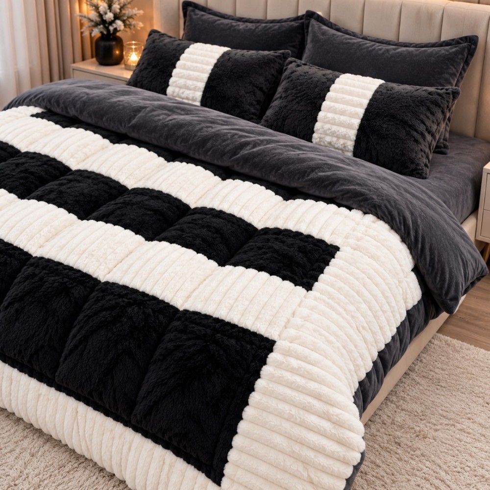 Lenjerie de pat cu Pilota Inclusa, Cearceaf cu Elastic, 6 Piese, Blana de Iepure Artificiala si Catifea, Alb cu Antracit si Negru – imagine 2