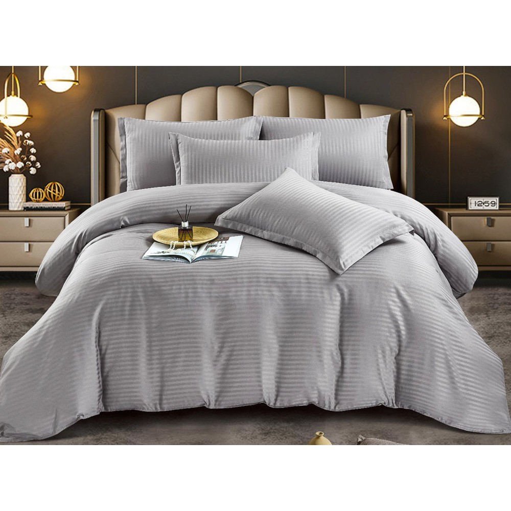Lenjerie HoReCa, pat dublu, Damasc Finetat Deluxe cu Elastic, 6 piese, Jojo Home, Gri deschis — imaginea 2