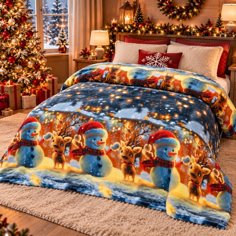 Patura Pufoasa Cocolino, model de Craciun, 200x230 cm, 240 g/mp, Albastru, Oameni de Zapada si Reni – imagine 2