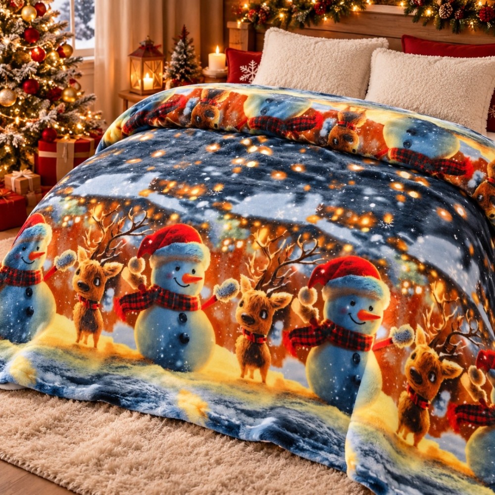 Patura Pufoasa Cocolino, model de Craciun, 200x230 cm, 240 g/mp, Albastru, Oameni de Zapada si Reni – imagine 3