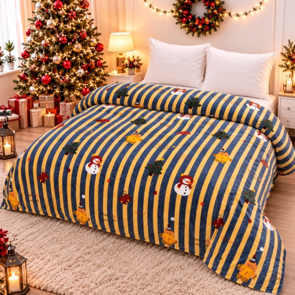 Patura Pufoasa Cocolino, model de Craciun, 200x230 cm, 240 g/mp, Bleumarin, Bej, Dungi si Decoratiuni — imaginea 4