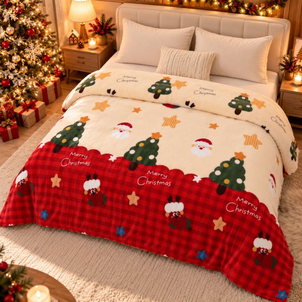 Patura Pufoasa Cocolino, model de Craciun, 200x230 cm, 240 g/mp, Crem, Rosu, Brazi de Craciun — imaginea 2